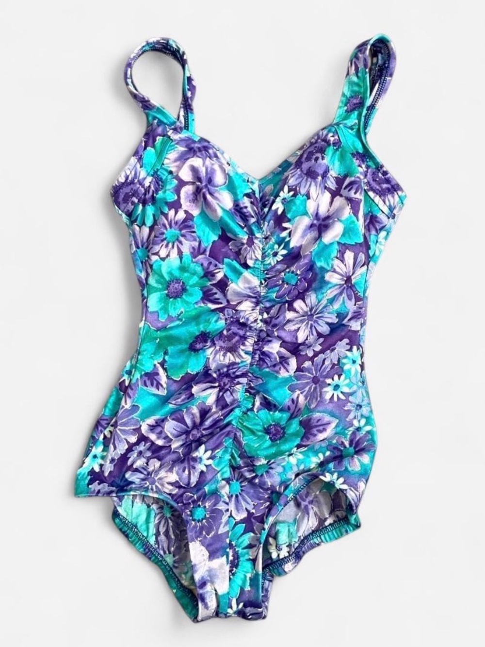 Vintage Le Cove One Piece Swimsuit Size 8 Floral Ruched Purple Teal Blue Retro